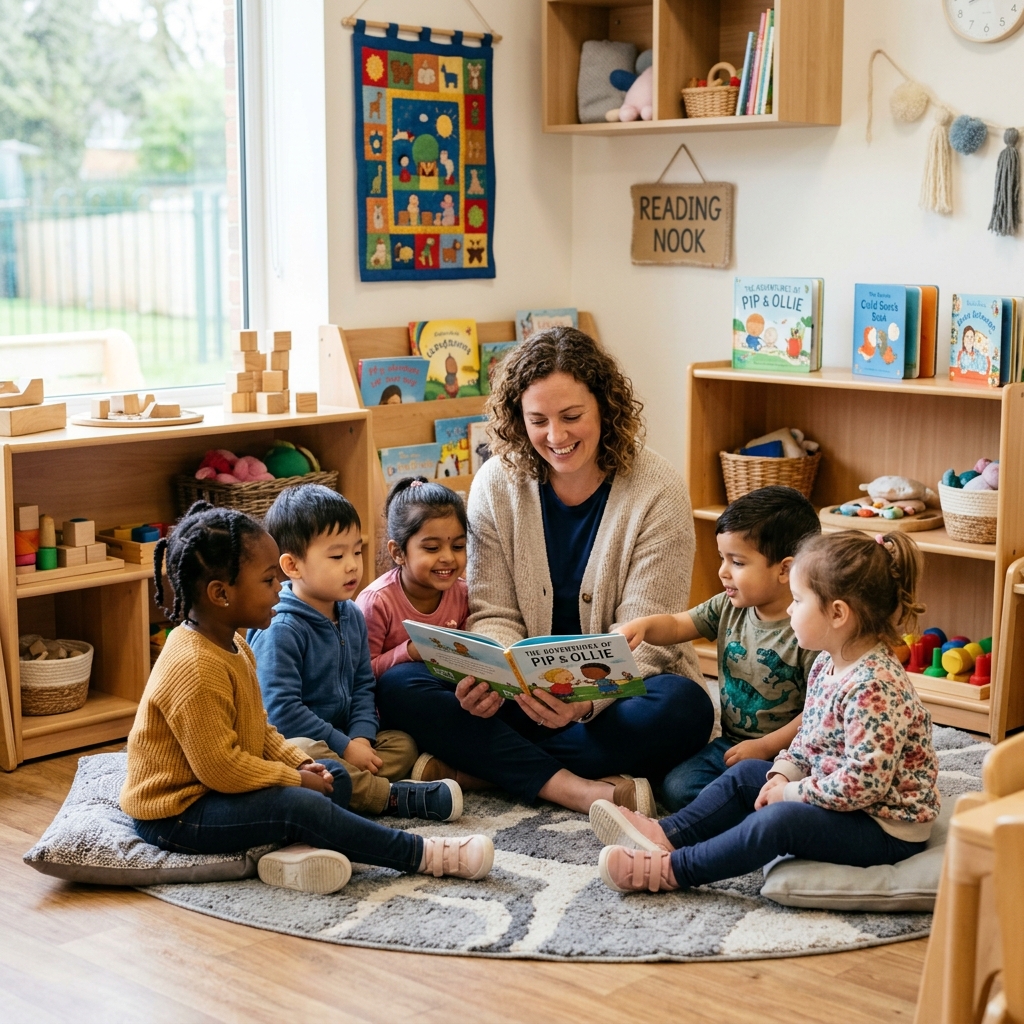 Caring teacher reading to engaged children